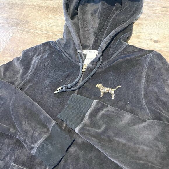 Victoria’s Secret Pink Hoodie Medium Black Gold Sequin Bling Vintage Full Zip - Picture 2 of 16